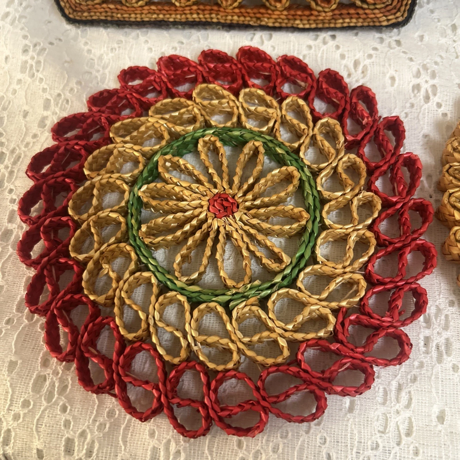 Vintage Hand Woven Straw Colorful Hot Pads Trivets Set Of 4 MCM 1970s Boho Retro image 5