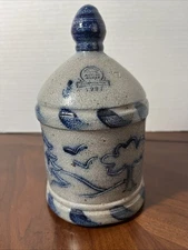 1991 Rowe Pottery Salt Glaze Stoneware Bank Etched Boy & Dog Cobalt Decorated