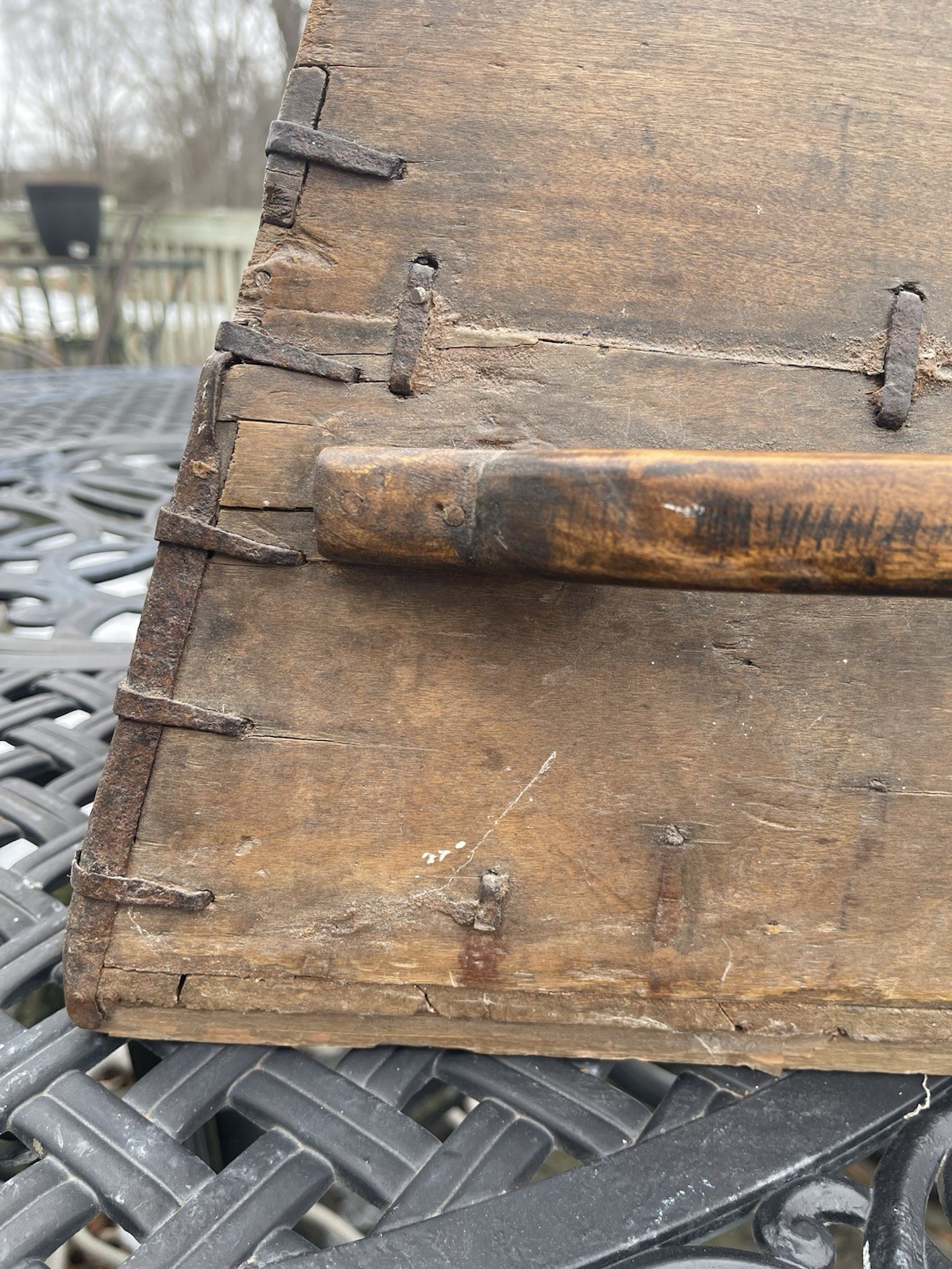 Antique Chinese Wooden Rice Bucket Pail Grain Carrier w/ Iron Bands Orig Writing