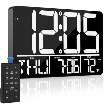 13'' Digital Wall Clock Large Display with Remote, 25 Ringtones, Temperature, ...
