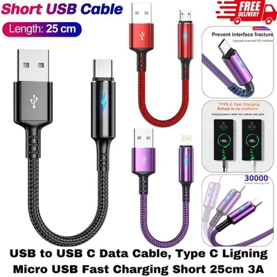 USB to USB C Data Cable, Type C Ligning Micro USB Fast Charging Short 25cm 3A