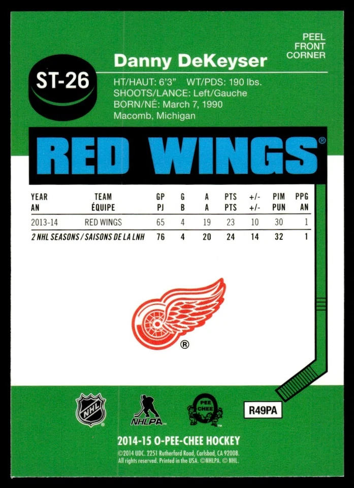 2014-15 O-Pee-Chee Stickers Danny DeKeyser Detroit Red Wings #ST-26 - Image 2 of 2