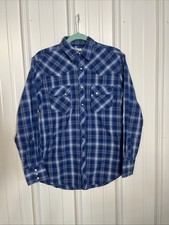 Wrangler Wrancher Mens Blue Plaid Pearl Snap Western Shirt Medium Long Sleeve