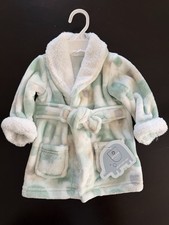 Dream Kids Plush 0-6M baby boy Bath Robe Mint Green White Hooded Fleece