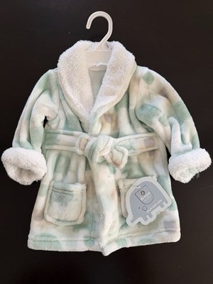 Dream Kids Plush 0-6M baby boy Bath Robe Mint Green White Hooded Fleece