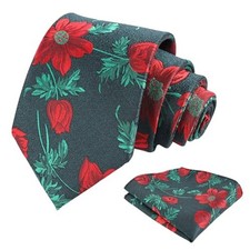 Mens 3.35inches Large Floral Pattern Necktie and Printed Pocket 159-green red