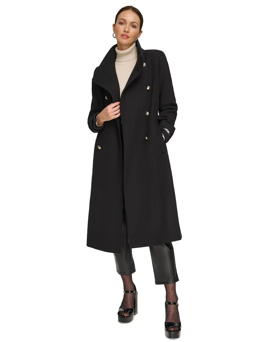 Dkny V8411 Black Double-Breasted Wool Blend Belted Coat Womens
