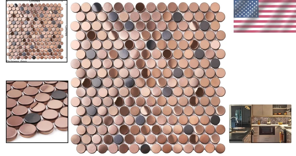 Copper Black Penny Round Mosaic Tiles - Elegant Art Deco for 5 Sq. Ft. Coverage - Image 2 of 4