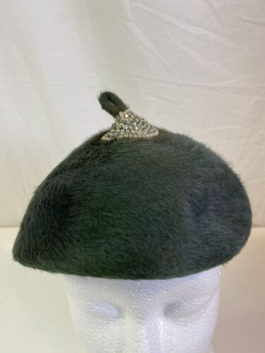 Vintage 40s/50s Janette Colombier Paris Green Mouton Wool Sequin Evening Hat - Picture 1 of 9