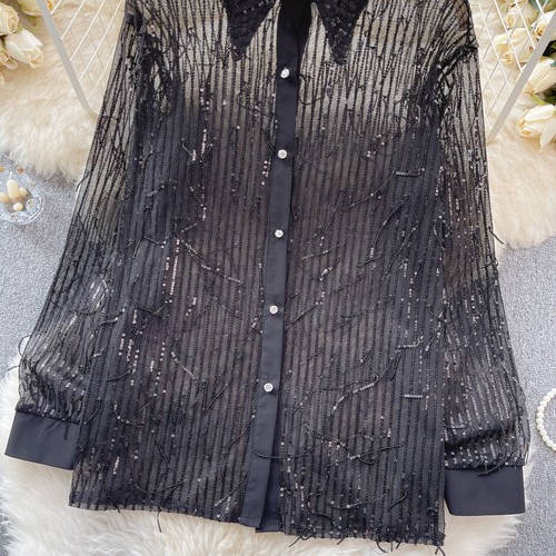Women Lapel Collar See Through Mesh Shirt Elegant Sequin Tassel Long Sleeve Tops - Picture 8 of 29