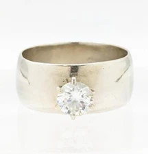 14K Solid White Gold 10.2g Cigar Band Diamond Solitaire Engagement Ring Size:10