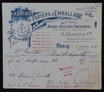Billhead Facture PARIS 1919 Papier bisulfites parcheminés d'emballage Féron 131