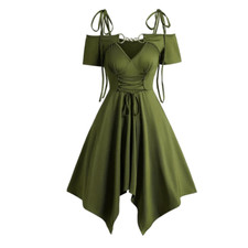 Wicked Silk Olive Green Fairy Peasant Golden Neck Chain Lace Up Dress L 8/10