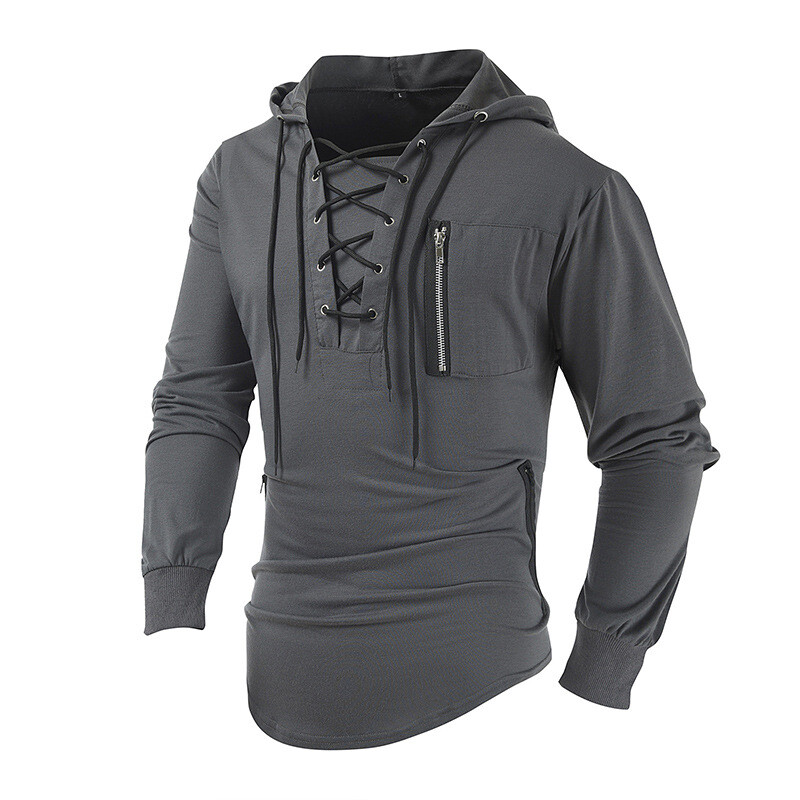 Mens Lace Up Hooded T-Shirt Tops Long Sleeve Sports Casual Muscle Slim Shirts