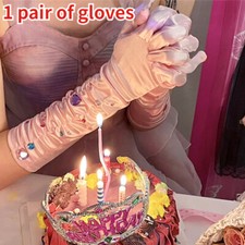 Fashion Ladies Long Gloves Satin Colorful Crystal Banquet Opera Birthday Party