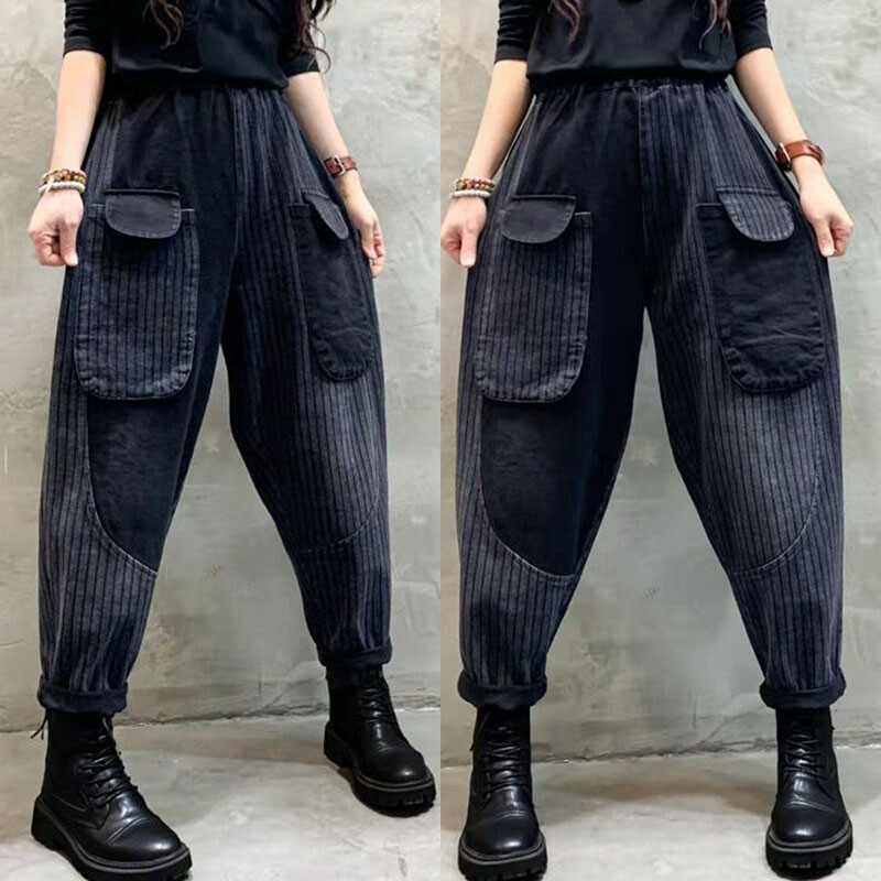 Womens Denim Loose Harem Pants Baggy Jeans Casual Loose Trousers Elastic Waist