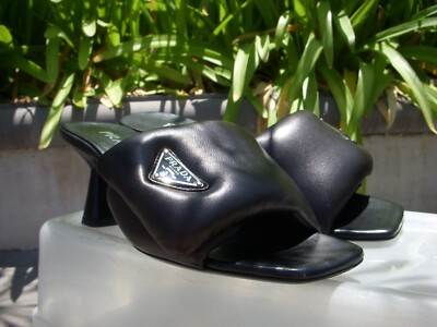 Prada Padded Nappa Soft Sandals Logo Black Wmn Ital Sz37 9 3/8