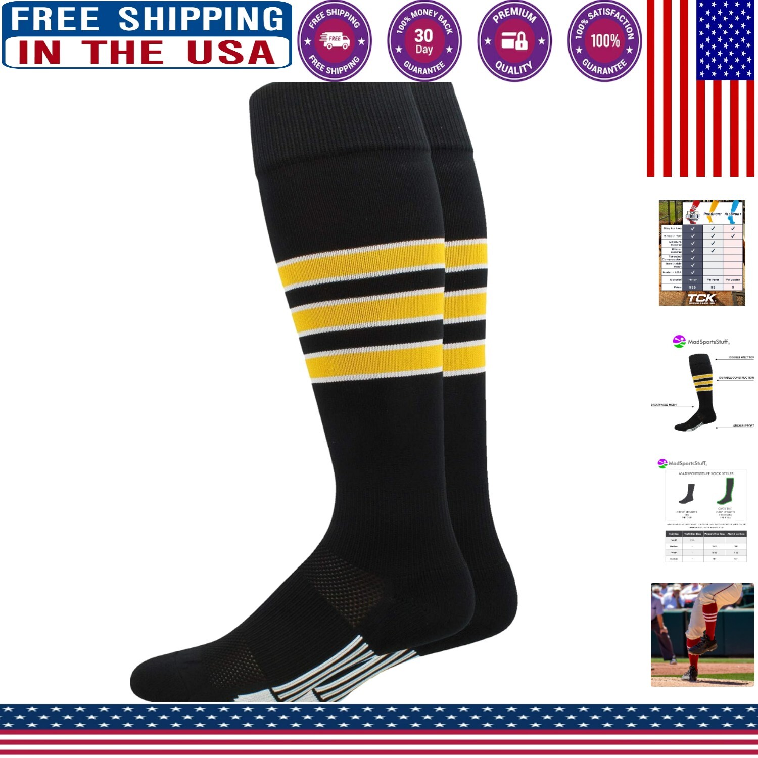 Premium Dugout Black/Gold Baseball Socks – Compression Fit for Ultimate Comfort