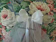 Flower Girl /First Communion White Saitn Bow Veil w/ Rhinestone Center, New 