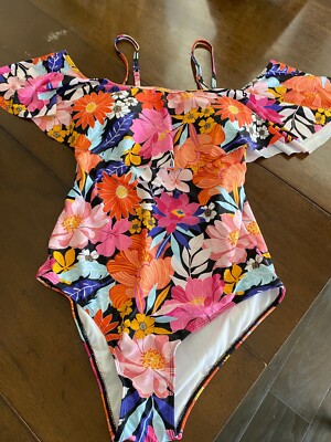 Swimsuit by Tempt Me One Piece Women's Large Floral Off Shoulder Ruffled Sleeves