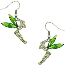 Tinkerbell Fairy Earrings Dangle Green Crystal Wings & Gift Box Fast Shipping