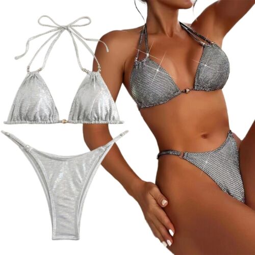 Sparkling Silver Swimsuit Two Pieces Bathing Suits Halter String Bikinis Top - Picture 1 of 16