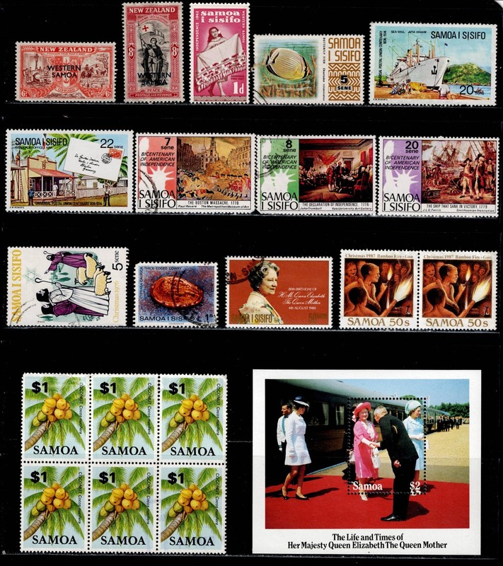 Samoa, Good Lot with Queen Mother Souvenir Sheet