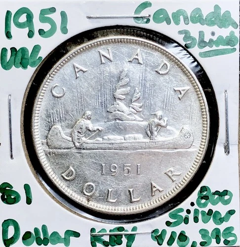 1951 Canada Silver Dollar - Post War - Rare Key Date - 416,395 Mintage