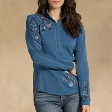 NEW SUNDANCE CATALOG Alpenwild Embroidered Henley Mock Long Sleeve Blue XS