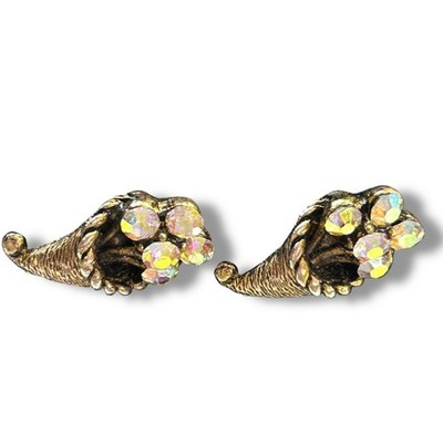 Vintage Cornucopia Lapel Pins Set of 2 .75'' Goldtone Crystal