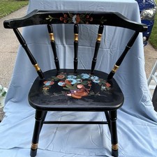 Hand Painted Black Wooden Accent Chair with Floral Design, Dark Wood, 20x17x11in