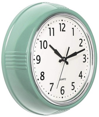 Wall Clock 9.5 Inch Green Kitchen 50's Vintage Design Round Silent Non Tickin...