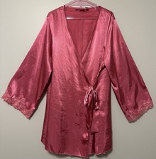 VTG Fredericks of Hollywood Robe 1X Pink Satin Lace Sleeves Front Tie Romantic