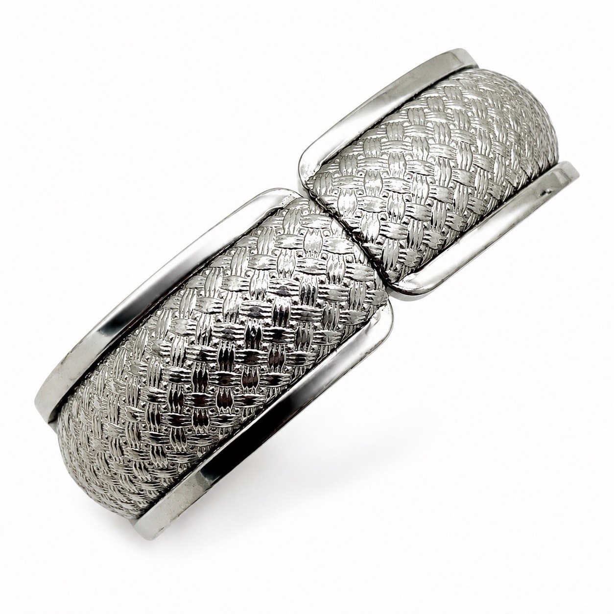 Vintage Silver Plated Mesh Clamper Bracelet Wide Concave Modernist Cuff Bangle