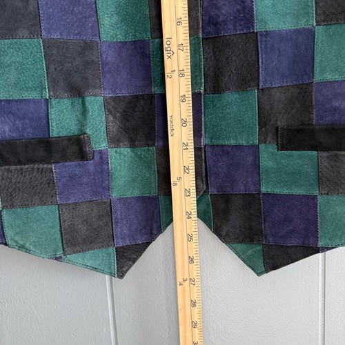 Gilet patchwork vintage en daim vert marine noir damier 1X Mariah par MPW - Photo 8/8