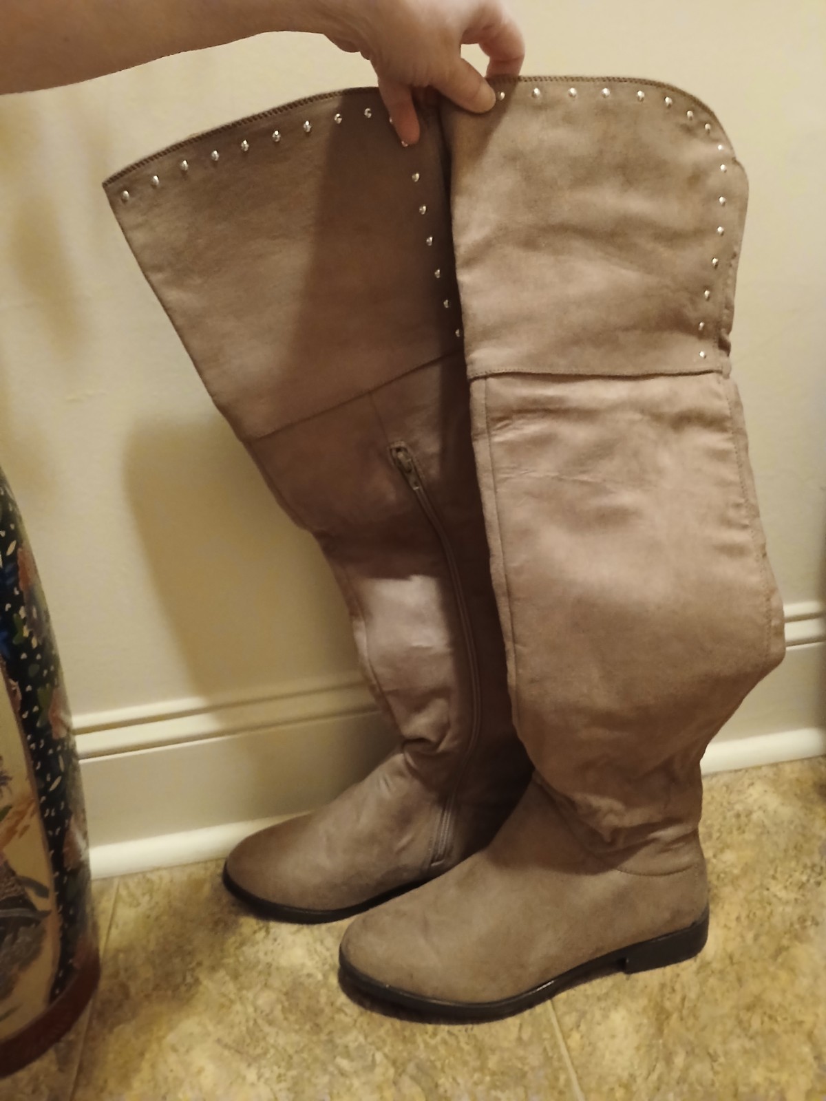 XOXO Taupe Studded Over the Knee Boots Round Toe Zip Block Heel Faux Suede 7