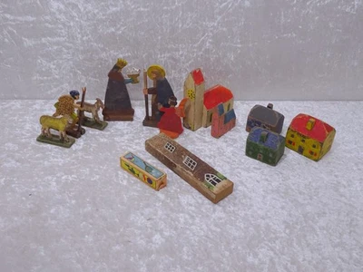 14 Pcs. Conjunto En Bois Figurines De Crèche - Fait Main - Vintage - Photo 1/4