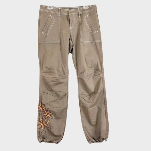 PRANA Brown Breathe Floral Embroidered Casual Pants Womens Sz 6 Bungee Cuffs