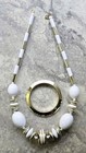CHUNKY RETRO VTG BEADED STATEMENT NECKLACE SAUCER BANGLE LUCITE WHITE GOLD BEADS — photo 1