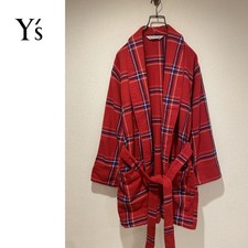 Y  s Yohji Yamamoto Gown Coat 85cm Length Wool Blend Red Tartan Check