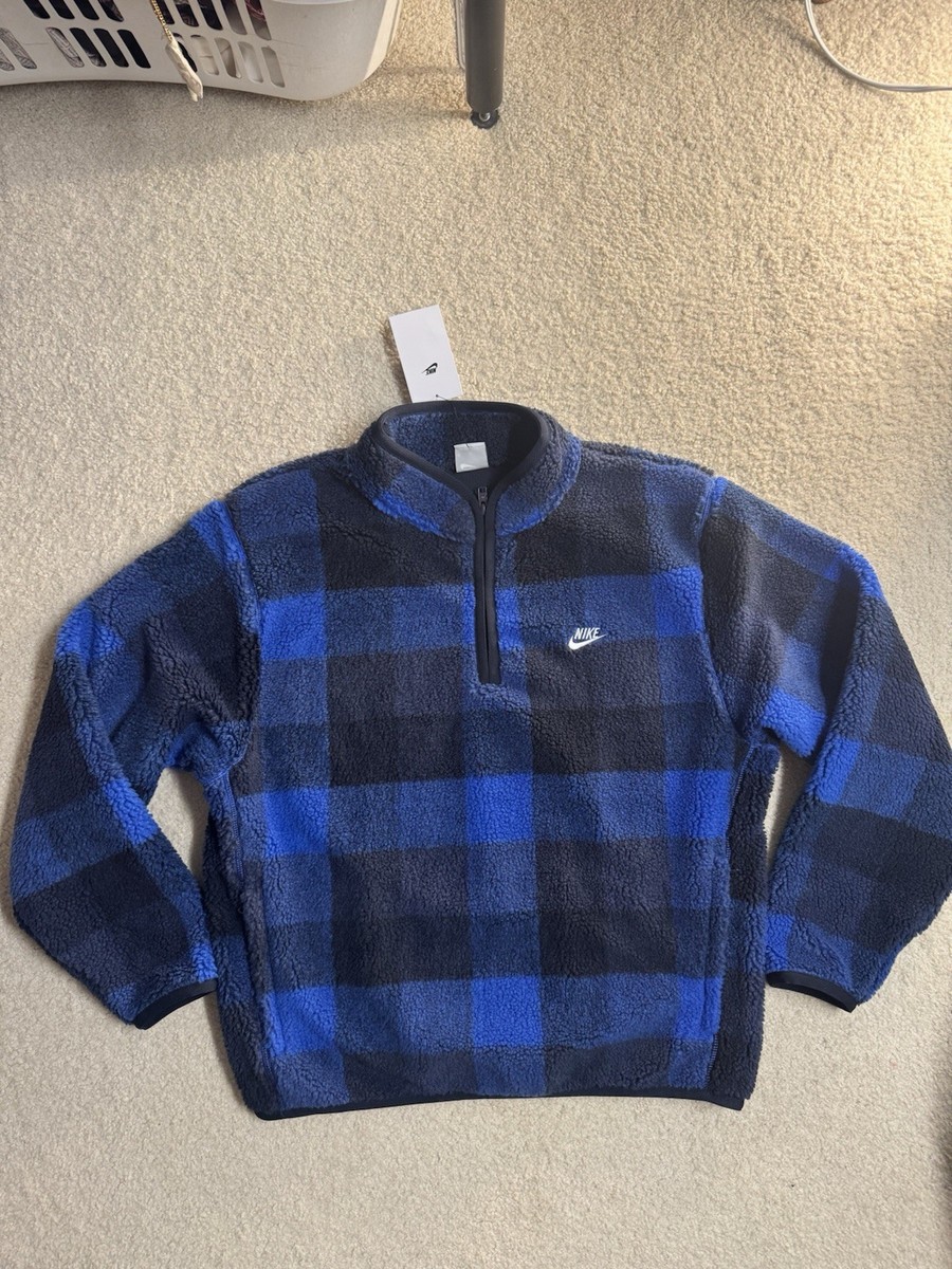 Nike Club Fleece Winterized 1/2 Zip Pullover Medium Plaid Checkered Blue Fuzzy | eBay
