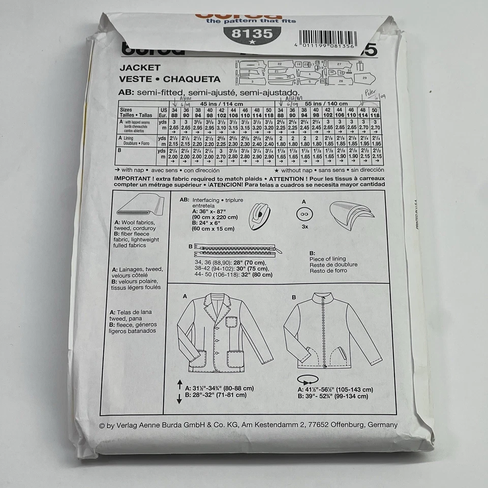 Burda 8135 Sewing Pattern Mens Tweed, Fleece, Wool Jacket Zip UNCUT Sizes 34-50 - Image 4 of 4