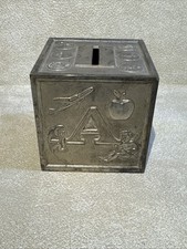 Vintage Silver Plated Coin Piggy Bank ABC Block Animals Letters 3  X 3  