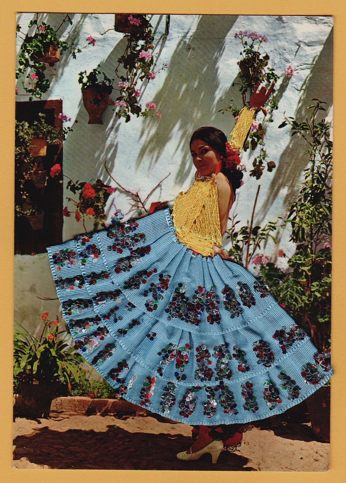 Encantadora Dama Postal Española Disfraz Típico Bailarina Flamenca Tela Aplique