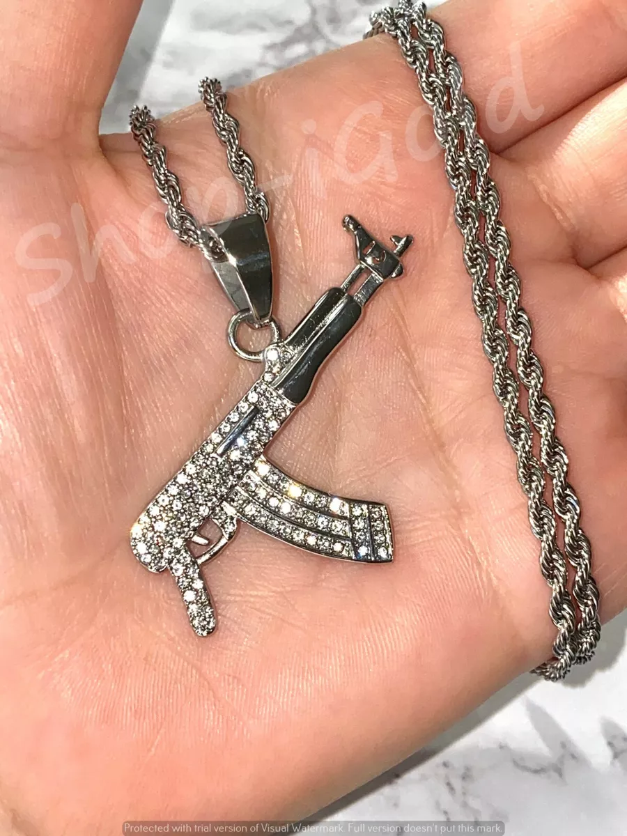 Men s Women Silver AK 47 GUN Pistol Pendant Rope Chain Every Day