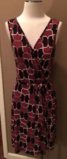 Y2K Nine West S Office Core V-Neck Wrap Bodice Black Tan Red Jersey Print Dress