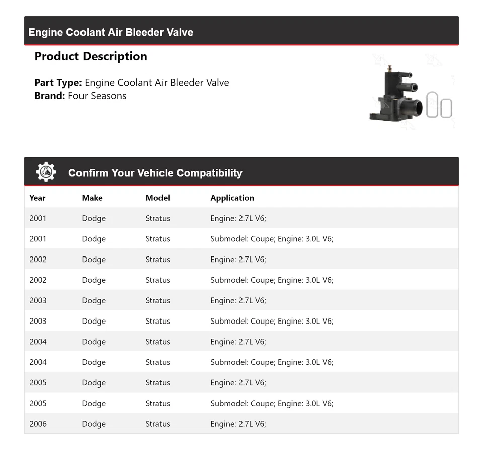 Válvula de purga de aire refrigerante motor Dodge Stratus 2001-2006 4 estaciones 2002 2003 Foto 2 de 4
