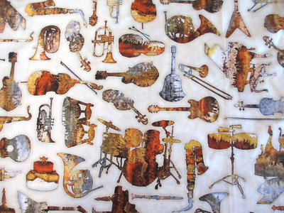 Vintage OOP Dan Morris Tossed Instruments on Beige Cotton Fabric