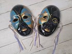 Vintage Mardi Gras Mask Painted Ceramic Black, Gold & Blue Set Of 2