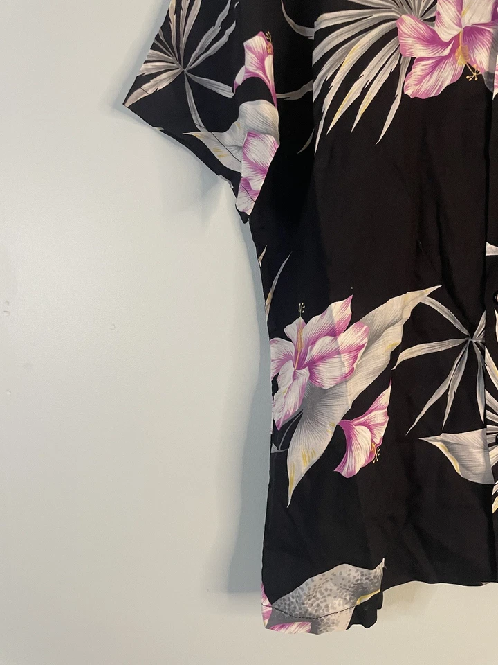 Camisa abotonada vintage años 90 Ocean Pacific para hombre rayón negra rosa orquídea talla M Foto 2 de 4